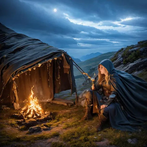 realistic analog photo, award winning photo, 
woman, siting by lit campfire, sulking, drinking from mug, 
 <lora:FantasyDruid:0.75> fadru outfit, cloak, leather skirt, backpack, long staff lying on ground
BREAK
 <lora:Campsite:0.75> campsite,  cloth tent, wooden support, night, full moon, starfilled sky, barren ground,
 <lora:locon_conceptlightning_v1_from_v1_64_32:0.75> lghtnngprsn, lightning, storm,
high-quality, crisp, sharp, professional-grade, high-resolution, fine detail, accurate colors, low noise, fast shutter speed, wide dynamic range, precise focus, RAW, highres, 8k, uhd, High Dynamic Range, tonemapping, crisp details,