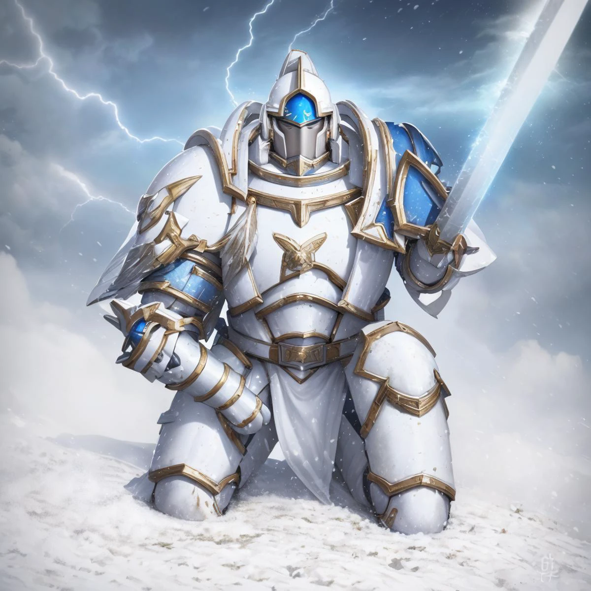 realistic analog photo, award winning photo,
1guy, bulky bodybuilder, kneeling on a knee, vira kneeling pose, resting on a sword in his hand,holding a sword on hand, carrying a book in hand,
<lora:spacemarine:0.75> spacemarine, spacemarine style, (white armor, white chestplate, white bracers, white leg armor:1.5),, helmet, sword blade covered in electric static,
<lora:FantasyCleric:0.75> fancle, robes, tabbard, iconography,(blue trim, blue shoulder pads, wearing blue helmet with glowing visor eye slits:1.25),
<lora:UnlimitedBladeWorks1.6:0.5> Unlimited Blade Works, PlantedSword, holding weapon,
<lora:locon_conceptlightning_v1_from_v1_64_32:0.5> lghtnngprsn, lightning, storm,
RAW, highres, 8k, uhd, High Dynamic Range, tonemapping, crisp details,