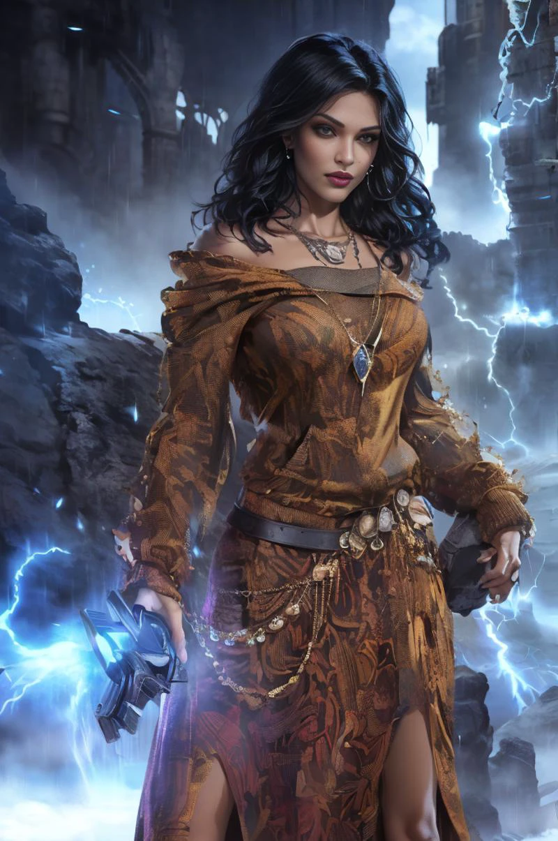 realistic analog photo, award winning photo,
<lora:CARTOON_Gargoyles_Elisa_ownwaifu:0.8> Jacket_Gargoyles_Elisa_ownwaifu, 1girl, long hair, black hair, dark skin, collarbone, makeup, lipstick, brown eyes,
<lora:Gypsy:0.75> gypsy, intricate pendant necklace, bodychains with dangling tiny coins, wearing shoulder cloth, wearing loose fitted laced shirt, long riffeled skirt,
<lora:locon_conceptlightning_v1_from_v1_64_32:1> lghtnngprsn, lightning, storm <lora:FantasyRuins:0.75> fanru, fantasy, stone castle, dark,
RAW, highres, 8k, uhd, High Dynamic Range, tonemapping, crisp details,