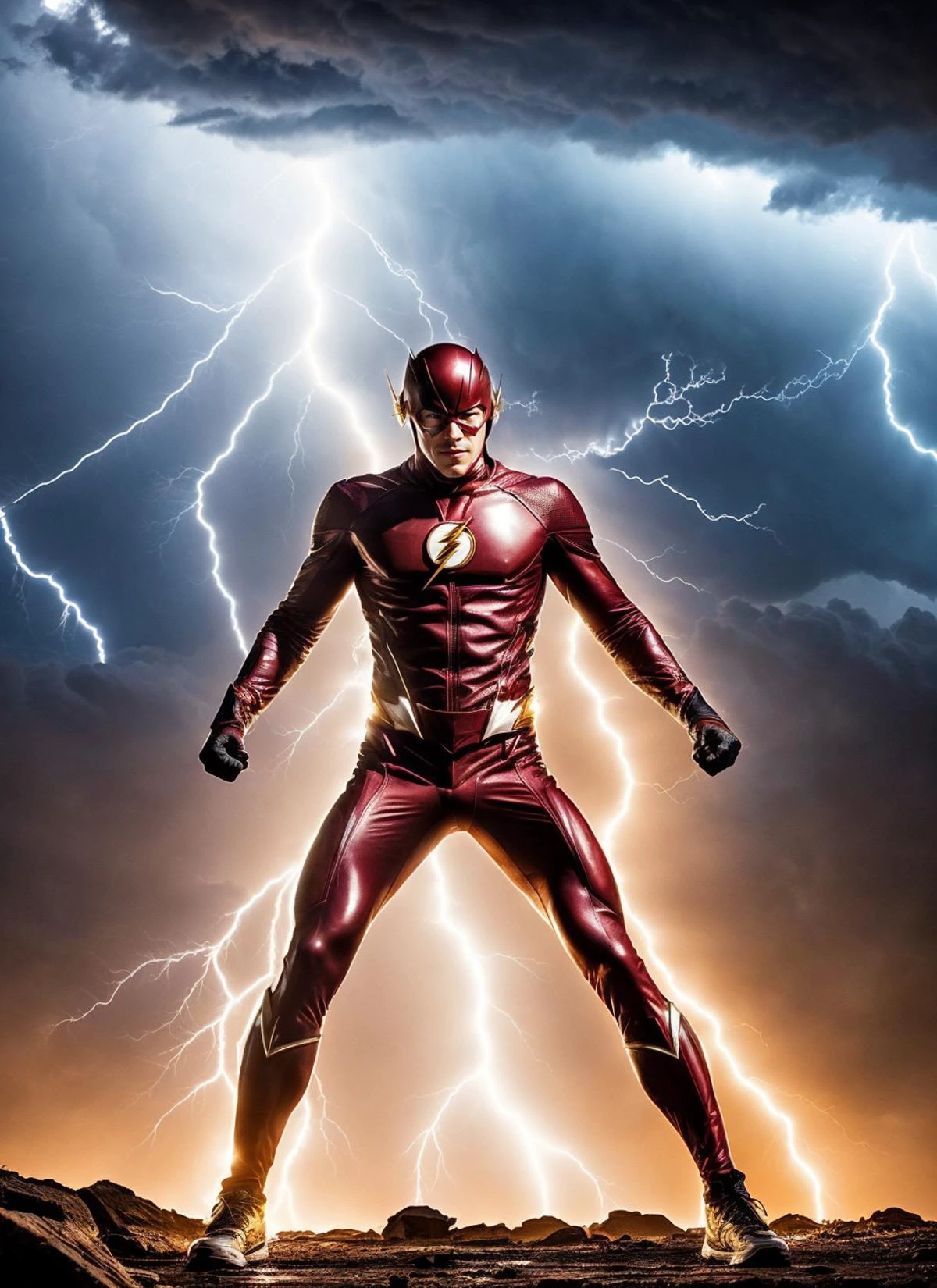 photo of the flash superhero with lightning thunders, ((lightning coming out of body)), ((covered in electricity)), unleashing a powerful lightning attack, lightning bolts surging throughout <lora:locon_conceptlightning_v1_from_v1_64_32:1> lghtnngprsn, natural lighting, by Jimmy Nelson
<lora:add_detail:0.7>
cinematic, intricate details, 32K, UHD, HDR, ultra-realism, action background (heavy damage and debris), ultra-detailed, 32k, intricate, cinematic composition, IMAX, stunning image, trending, amazing art, cinematic color grade, dramatic lighting
(lightning), electrical surges through the body, covered in electricity