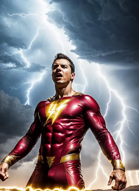 photo of shazam with lightning thunders, ((lightning coming out of body)), ((covered in electricity)), unleashing a powerful lightning attack, lightning bolts surging throughout <lora:locon_conceptlightning_v1_from_v1_64_32:1> lghtnngprsn, natural lighting, by Dorothea Lange
<lora:add_detail:0.7>
cinematic, intricate details, 32K, UHD, HDR, ultra-realism, action background (heavy damage and debris), ultra-detailed, 32k, intricate, cinematic composition, IMAX, stunning image, trending, amazing art, cinematic color grade, dramatic lighting
(lightning), electrical surges through the body, covered in electricity