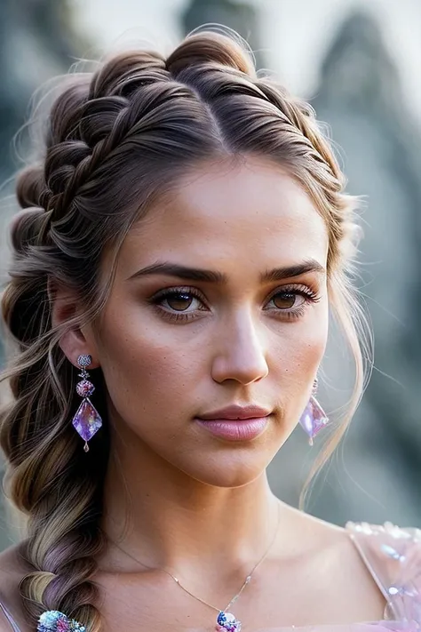 beautiful woman (EPJessica_Alba:.99), (( Dutch braids with baby pink highlights hairstyle :1.2)), gem jewellery, ((portrait)), (closeup:1.2), ((from the waist up)), ((( The Crystal Cave: A fantastical place where gemstones and crystals grow in abundance :1.3 ))), natural skin texture, (( Minotaur in background :1.2)), 24mm, 4k textures, soft cinematic light, adobe lightroom, photolab, hdr, intricate, elegant, highly detailed, sharp focus, ((((cinematic look)))), soothing tones, insane details, intricate details, hyperdetailed, low contrast, soft cinematic light, exposure blend, hdr, faded, now, ("I've got a bad feeling about this.":1.1)