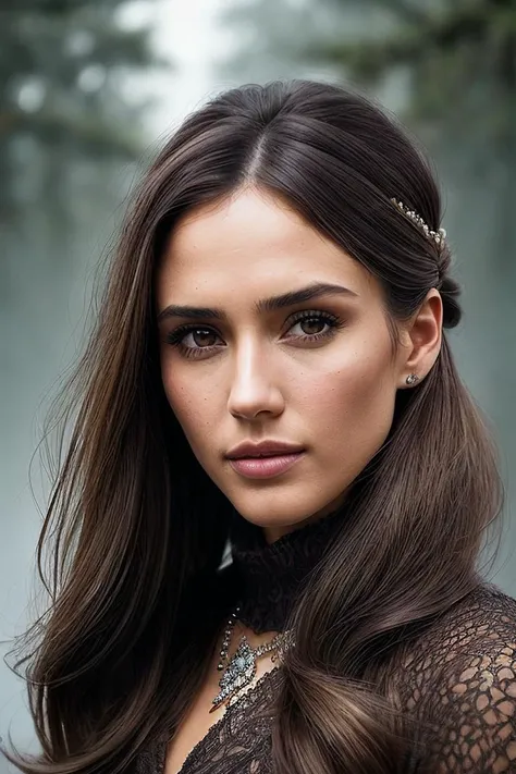 beautiful woman (EPJessica_Alba:.99), (( Sleek chocolate brown chignon hairstyle :1.2)), gem jewellery, ((portrait)), (closeup:1.2), ((from the waist up)), ((( The Tower of Oblivion: A stronghold where forgotten secrets and dark magic are hidden :1.3 ))), natural skin texture, (( fog in background :1.2)), 24mm, 4k textures, soft cinematic light, adobe lightroom, photolab, hdr, intricate, elegant, highly detailed, sharp focus, ((((cinematic look)))), soothing tones, insane details, intricate details, hyperdetailed, low contrast, soft cinematic light, exposure blend, hdr, faded, now, ("I've got a bad feeling about this.":1.1)