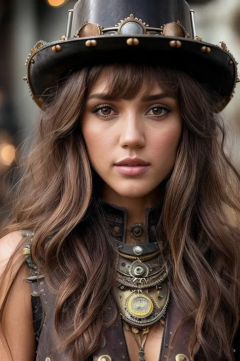 beautiful woman (EPJessica_Alba:.99), (( very long hair, blunt bangs :1.2)), gem jewellery, ((portrait)), (closeup:1.2), ((from the waist up)), ((( Steampunk foundry district where artisans craft intricate machinery :1.3 ))), natural skin texture, (( Vest :1.2)), 24mm, 4k textures, soft cinematic light, adobe lightroom, photolab, hdr, intricate, elegant, highly detailed, sharp focus, ((((cinematic look)))), soothing tones, insane details, intricate details, hyperdetailed, low contrast, soft cinematic light, exposure blend, hdr, faded, now, ("I've got a bad feeling about this.":1.1)