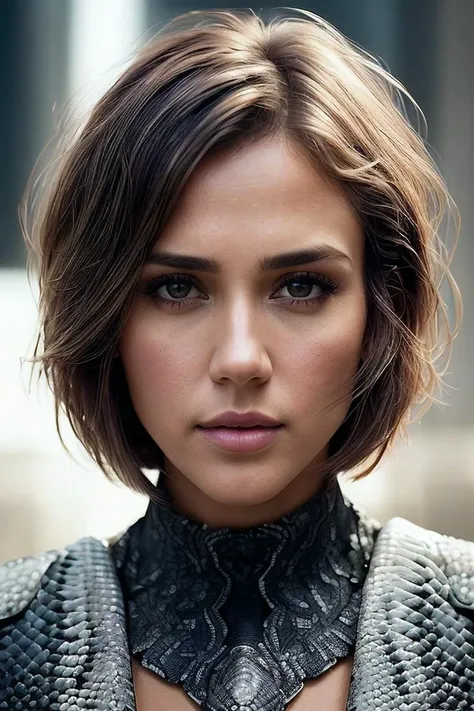 beautiful woman (EPJessica_Alba:.99), ((  short hair, bob[::2] :1.2)), gem jewellery, ((portrait)), (closeup:1.2), ((from the waist up)), (((  Futuristic dystopian city viewpoint showcasing genetically modified bio-luminescent snakes :1.2 ))), natural skin texture,  ((  Tie-neck blouse :1.2)), 24mm, 4k textures, soft cinematic light, adobe lightroom, photolab, hdr, intricate, elegant, highly detailed, sharp focus, ((((cinematic look)))), soothing tones, insane details, intricate details, hyperdetailed, low contrast, soft cinematic light, exposure blend, hdr, faded, now, ("I've got a bad feeling about this.":1.1)