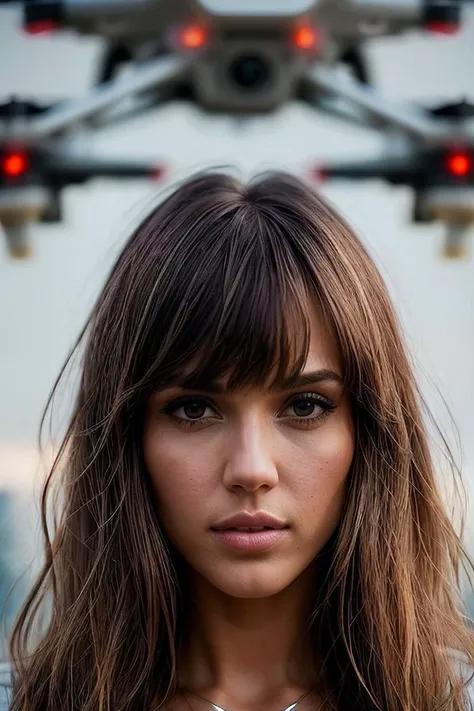 beautiful woman (EPJessica_Alba:.99), (( very long hair, blunt bangs :1.2)), gem jewellery, ((portrait)), (closeup:1.2), ((from the waist up)), ((( Futuristic dystopian city viewpoint displaying drone swarm light shows :1.2 ))), natural skin texture, (( Sleeveless blouse :1.2)), 24mm, 4k textures, soft cinematic light, adobe lightroom, photolab, hdr, intricate, elegant, highly detailed, sharp focus, ((((cinematic look)))), soothing tones, insane details, intricate details, hyperdetailed, low contrast, soft cinematic light, exposure blend, hdr, faded, now, ("I've got a bad feeling about this.":1.1)