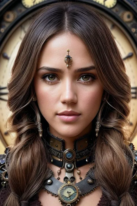 beautiful woman (EPJessica_Alba:.99), (( twintails :1.2)), gem jewellery, ((portrait)), (closeup:1.2), ((from the waist up)), ((( Steampunk clock tower city centerpiece with intricate gears :1.3 ))), natural skin texture, (( Knit top :1.2)), 24mm, 4k textures, soft cinematic light, adobe lightroom, photolab, hdr, intricate, elegant, highly detailed, sharp focus, ((((cinematic look)))), soothing tones, insane details, intricate details, hyperdetailed, low contrast, soft cinematic light, exposure blend, hdr, faded, now, ("I've got a bad feeling about this.":1.1)