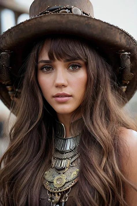 beautiful woman (EPJessica_Alba:.99), (( very long hair, blunt bangs :1.2)), gem jewellery, ((portrait)), (closeup:1.2), ((from the waist up)), ((( Steampunk foundry district where artisans craft intricate machinery :1.3 ))), natural skin texture, (( tennis dress :1.2)), 24mm, 4k textures, soft cinematic light, adobe lightroom, photolab, hdr, intricate, elegant, highly detailed, sharp focus, ((((cinematic look)))), soothing tones, insane details, intricate details, hyperdetailed, low contrast, soft cinematic light, exposure blend, hdr, faded, now, ("I've got a bad feeling about this.":1.1)