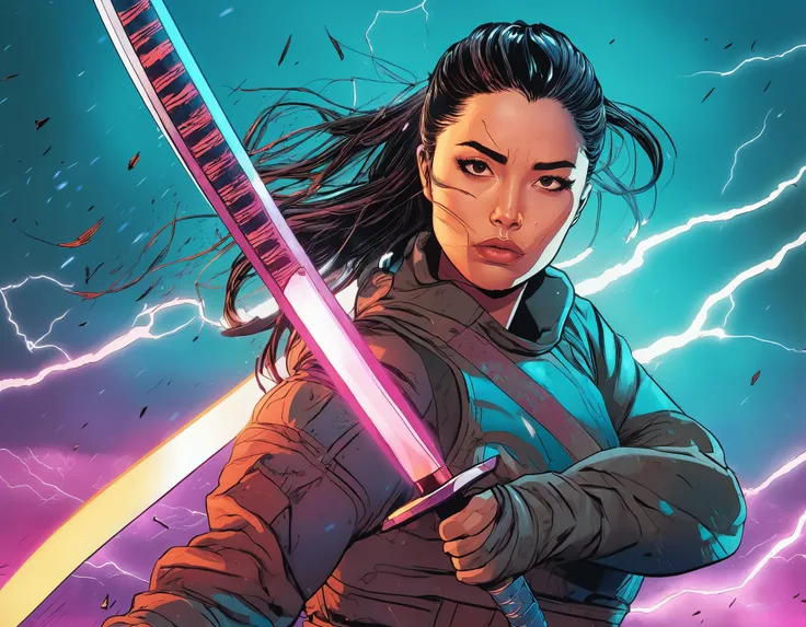 comic style illustration of RaeXL woman, holding a katana, vibrant colors, lightning, battlefield, masterpiece, high resolution, octane, 8k, detailed, sharp focus, shallow depth of field rainy, <lora:Valkyrae XL:1>
