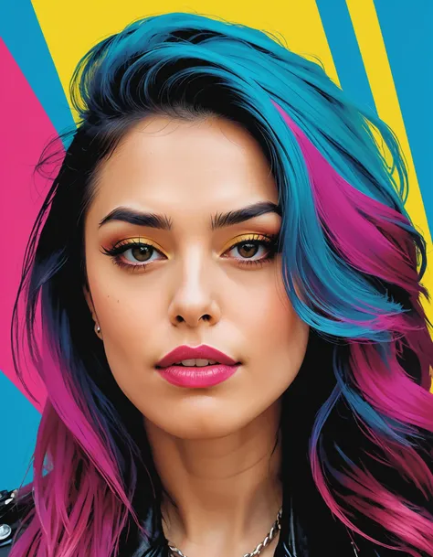 a pop art style portrait of RaeXL, long hair, punk, pop art, stylized, bold colors, photo and illustration hybrid <lora:Valkyrae XL:1>