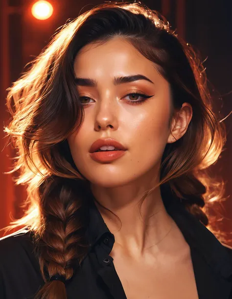 photo of RaeXL woman, long hair, style by Ilya Kuvshinov best quality image of a hell-atmosphere, phenomenal playful shadows,amazing realistic light from above,majestic-braided hair,mesmerise-naughty,party-makeup,breathtaking crispy-detailed, thick-lips, realistic-eye,unscrupulous-smile aesthetic <lora:Valkyrae XL:0.9>