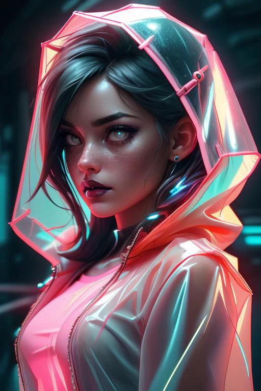 (Cinematic Photo:1.3) of (Ultrarealistic:1.3),(Lustful:1.3) woman, <lora:CyberPunkAI:0.6> CyberpunkAI, neon, <lora:Plastic coat_20230530052249:0.6>, Plastic raincoat, (Translucent material:1.2), Functional sense, (see-through:1.3),Highly Detailed,(Pastel Colors:1.3), RAW candid cinema, 16mm, color graded portra 400 film, remarkable color, ultra realistic, textured skin, remarkable detailed pupils, realistic dull skin noise, visible skin detail, skin fuzz, dry skin, shot with cinematic camera