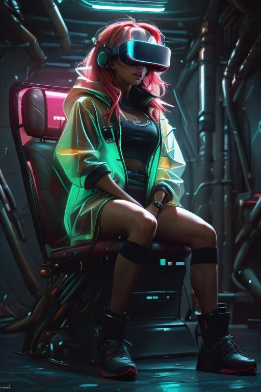 (Photo:1.3) of (Ultrarealistic:1.3) woman, sitting in her coach, (full body picture:1.2), <lora:head-mounted display3:1.0>, (head-mounted display:1.2), <lora:CyberPunkAI:0.8> CyberpunkAI, neon, <lora:Plastic coat_20230530052249:0.8>, (Plastic raincoat:1.2), Translucent material, Functional sense, see-through,Highly Detailed, RAW candid cinema, 16mm, color graded portra 400 film, remarkable color, ultra realistic, textured skin, remarkable detailed pupils, realistic dull skin noise, visible skin detail, skin fuzz, dry skin, shot with cinematic camera