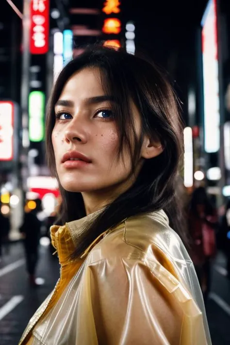 (Cinematic Photo:1.3) of (Ultrarealistic:1.3),(Lustful:1.3) Woman walking, Tokyo Street, Night, Neon, <lora:Plastic coat_20230530052249:1> Plastic raincoat, Translucent material, Functional sense, see-through,Highly Detailed, RAW candid cinema, 16mm, color graded portra 400 film, remarkable color, ultra realistic, textured skin, remarkable detailed pupils, realistic dull skin noise, visible skin detail, skin fuzz, dry skin, shot with cinematic camera