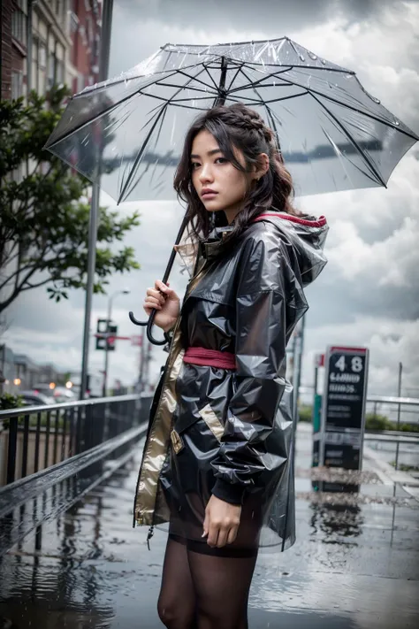 (realistic:1.3), finely detailed, quality, rembrandt lighting, (masterpiece:1.2), (photorealistic:1.2), (best quality), (intricate details), dramatic, ray tracing, 1girl, Japanese, girl, 21 years old, long hair curls, colorful fabric, (Plastic raincoat, Translucent material:1.2), Functional sense, see-through, heavy thunderstorm, dark clouds, strong winds, (rain:1.2), umbrella, windswept, floating hair, water, wet, puddles, (establishing shot:1.2), <lora:Plastic coat_20230530052249:0.7>