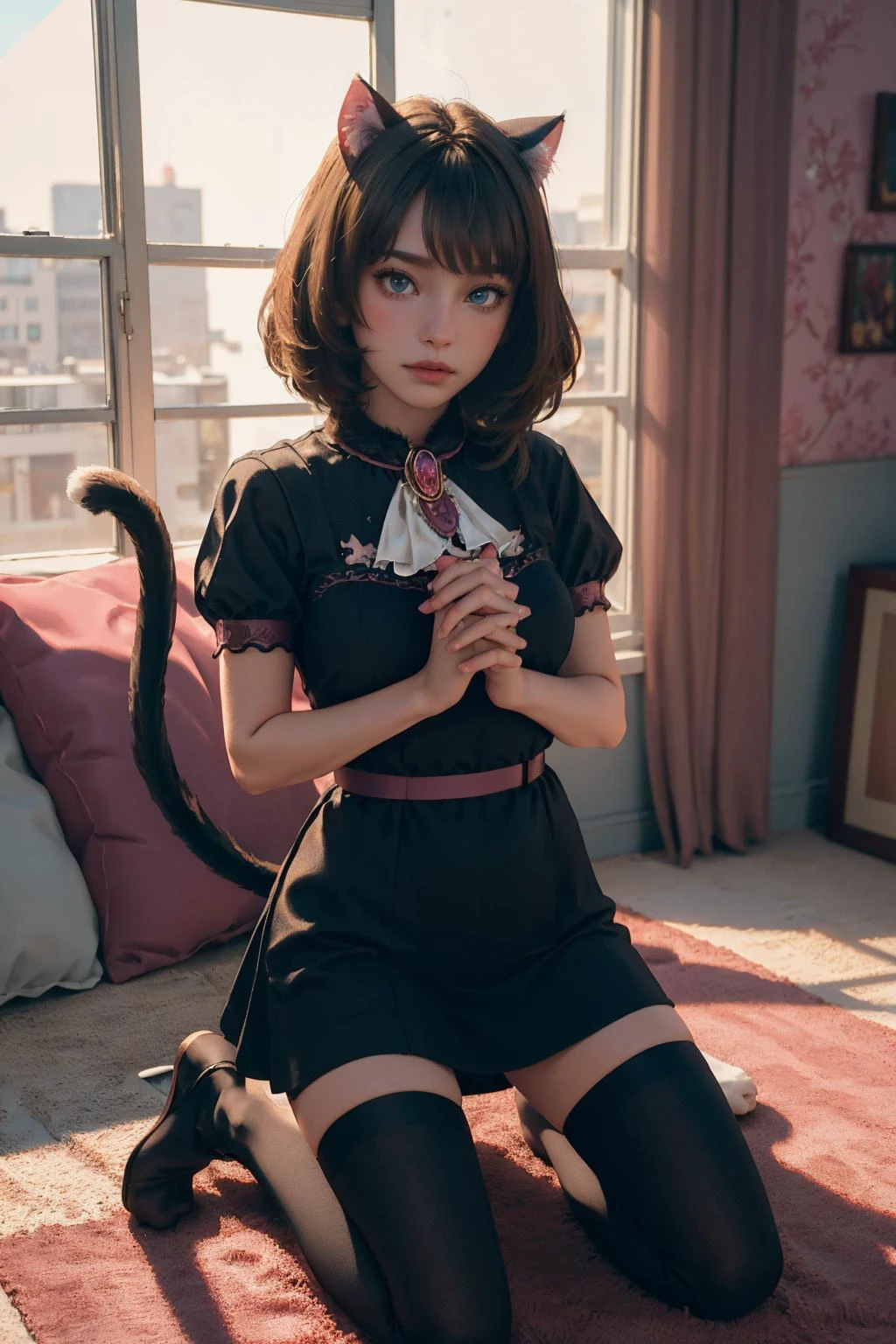 (ultra realistic,32k, masterpiece:1.2),(high detailed skin:1.1),( high quality:1.1),
intricate detail,
(detailed realistic background:1.3),
realistic lighting,
[cinematic lighting|sunset lighting],
hyperrealism,
soothing tones,
muted colors,
high contrast,
soft light,
sharp,
artistic photoshoot,
pink decor bedroom, pink cushions,pink carpet, pink wallpaper,soft sunlight,sun rays,feet,full body,,kneeling
1girl, <lora:kaedetakagaki-nvwls-v1:0.8> catKaede, heterochromia, green eyes, blue eyes, cat ears, gothic dress, ascot, short sleeves, black thighhighs, cat tail,