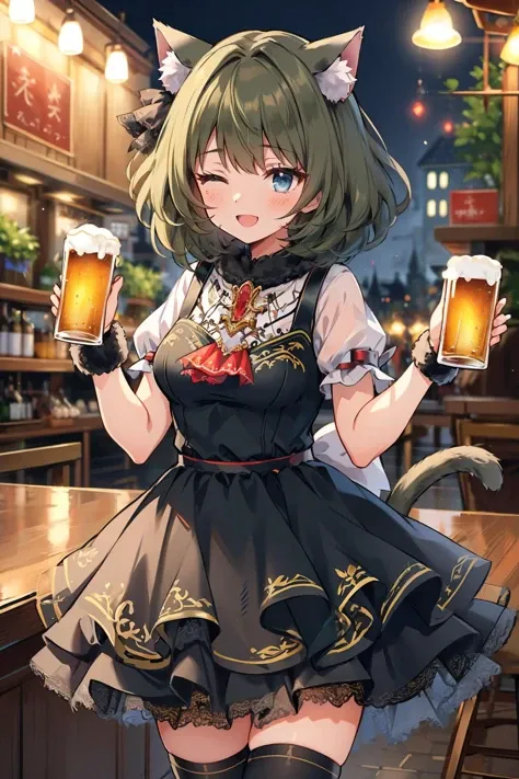 masterpiece, best quality, <lora:kaedetakagaki-nvwls-v1-000009:0.9> catKaede, heterochromia, green eyes, blue eyes, cat ears, gothic dress, ascot, short sleeves, black thighhighs, cowboy shot, holding glass of beer, :D, closed eyes, tavern