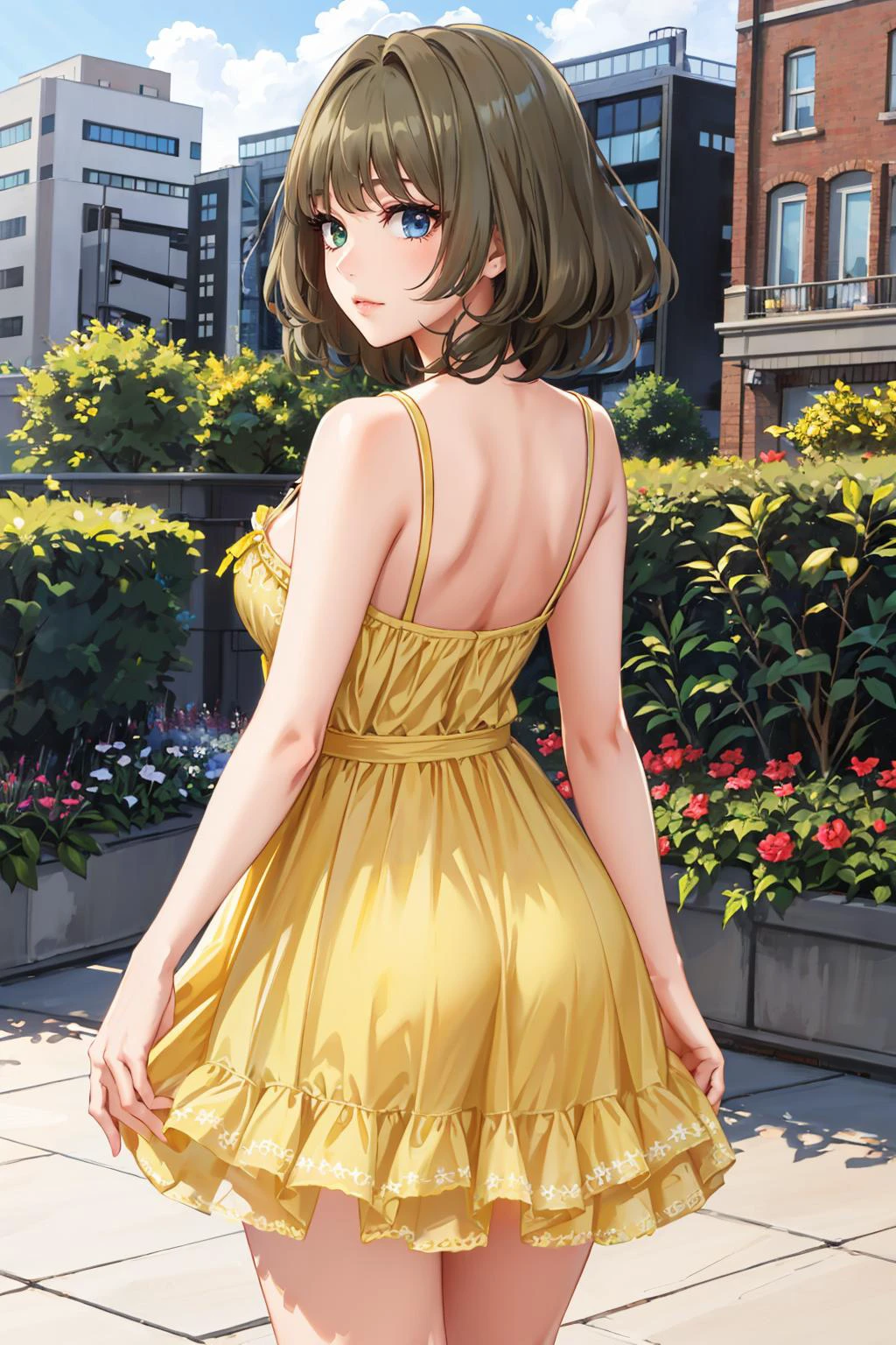 masterpiece, best quality, <lora:kaedetakagaki-nvwls-v1-000009:0.9> defKaede, heterochromia, green eyes, blue eyes, yellow sundress, from behind <lora:edgChamYellowSundress:1> edgYSD,woman wearing a yellow sundress, garden, cityscape