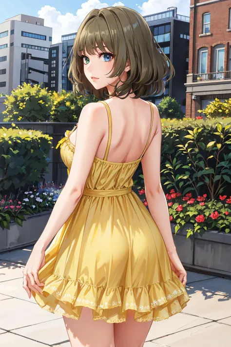 masterpiece, best quality, <lora:kaedetakagaki-nvwls-v1-000009:0.9> defKaede, heterochromia, green eyes, blue eyes, yellow sundress, from behind  <lora:edgChamYellowSundress:1> edgYSD,woman wearing a yellow sundress, garden, cityscape