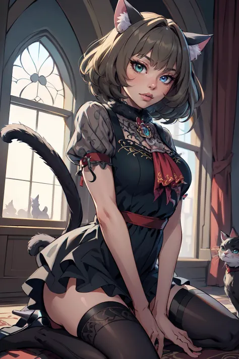 (masterpiece, best quality, absurdres, 4k, aesthetic, detailed, intricate),outside,1girl,catKaede, heterochromia, green eyes, blue eyes, cat ears, gothic dress, ascot, short sleeves, black thighhighs, cat tail,wariza <lora:kaedetakagaki-nvwls-v1:0.85>