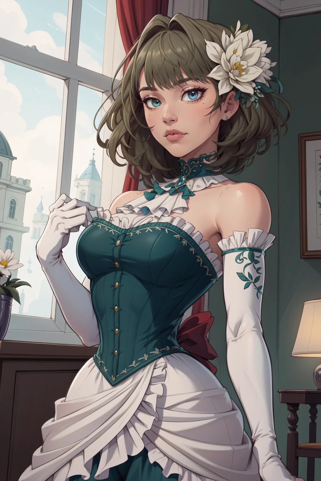 (masterpiece, best quality, absurdres, 4k, aesthetic, detailed, intricate),,1girl,lifeKaede, heterochromia, green eyes, blue eyes, hair flower, victorian dress, bare shoulders, green and white dress, white gloves, elbow gloves <lora:kaedetakagaki-nvwls-v1:0.85>