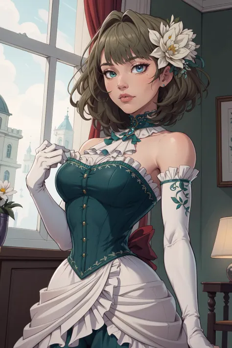 (masterpiece, best quality, absurdres, 4k, aesthetic, detailed, intricate),,1girl,lifeKaede, heterochromia, green eyes, blue eyes, hair flower, victorian dress, bare shoulders, green and white dress, white gloves, elbow gloves  <lora:kaedetakagaki-nvwls-v1:0.85>