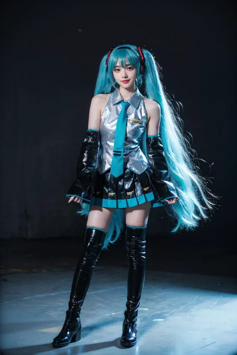 best quality, masterpiece, realistic, photorealistic, 1girl, solo, looking at viewer, smile, standing, full body, hatsune miku cosplay costume, hatsune miku, cosplay, aqua hair, twintails, very long hair, hair ornament, headphones, headset, shirt, skirt, pleated skirt, necktie, aqua necktie, thigh boots, detached sleeves, tattoo, simple background, grey background, <lora:miku_cosplay_original_v1:0.6>