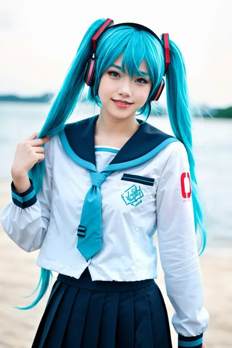 best quality, masterpiece, realistic, photorealistic, 1girl, solo, looking at viewer, smile, standing, cowboy shot, arms at side, hatsune miku, cosplay, aqua hair, twintails, hair ornament, very long hair, headphones, alternate costume, school uniform, sailor collar, serafuku, shirt, long sleeves, necktie, skirt, pleated skirt,
<lora:miku_cosplay_schoolUniform_v1:0.7>