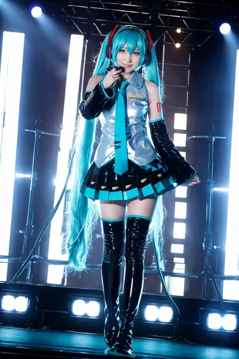 best quality, masterpiece, realistic, photorealistic, 1girl, solo, looking at viewer, smile, standing, full body, hatsune miku cosplay costume, hatsune miku, cosplay, aqua hair, twintails, very long hair, hair ornament, headphones, headset, shirt, skirt, pleated skirt, necktie, aqua necktie, detached sleeves, tattoo, thigh boots, in stage, audience, bands,
<lora:miku_cosplay_original_v1:0.8>