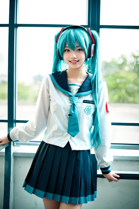 best quality, masterpiece, realistic, photorealistic, 1girl, solo, looking at viewer, (smile;0.5), standing, cowboy shot, arms at side, hatsune miku, cosplay, aqua hair, twintails, hair ornament, very long hair, headphones, alternate costume, school uniform, sailor collar, serafuku, shirt, long sleeves, necktie, skirt, pleated skirt, window, class room,
 <lora:miku_cosplay_schoolUniform_v1:0.7>