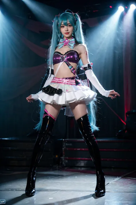 best quality, masterpiece, realistic, photorealistic, 1girl, solo, looking at viewer, smile, standing, full body, hatsune miku cosplay costume, hatsune miku, cosplay, twintails, aqua hair, long hair, alternate costume, hairclip, hair ornament, tattoo, bra, bowtie, detached collar, detached sleeves, skirt, belt, bag, thigh boots, boots, high heels, stage, spotlight, bands, <lora:miku_cosplay_museDash_v2:0.7>