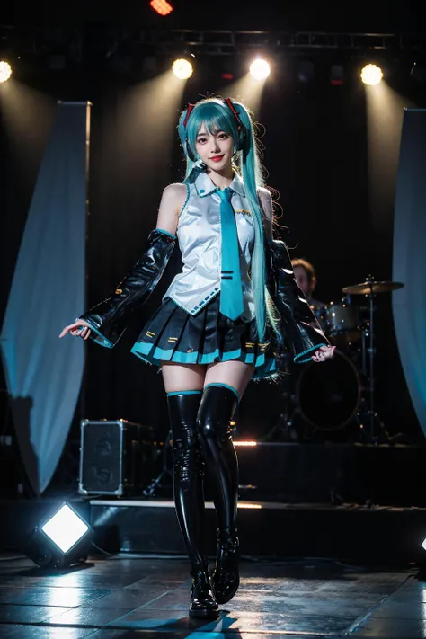 best quality, masterpiece, realistic, photorealistic, 1girl, solo, looking at viewer, smile, standing, full body, hatsune miku cosplay costume, hatsune miku, cosplay, aqua hair, twintails, very long hair, hair ornament, headphones, headset, shirt, skirt, pleated skirt, necktie, aqua necktie, detached sleeves, tattoo, thigh boots, in stage, audience, bands, <lora:miku_cosplay_original_v1:0.6>