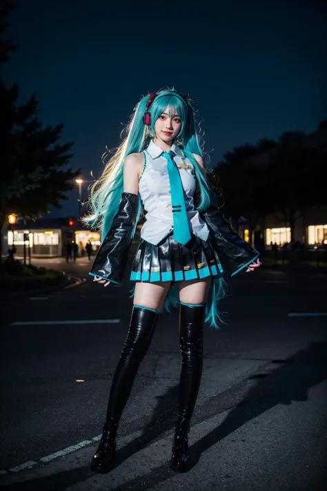 best quality, masterpiece, realistic, photorealistic, 1girl, solo, looking at viewer, smile, standing, full body, hatsune miku cosplay costume, hatsune miku, cosplay, aqua hair, twintails, very long hair, hair ornament, headphones, headset, shirt, skirt, pleated skirt, necktie, aqua necktie, detached sleeves, tattoo, thigh boots, city, street, people, night, neon light, detailed background, <lora:miku_cosplay_original_v1:0.6>