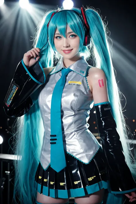 best quality, masterpiece, realistic, photorealistic, 1girl, solo, looking at viewer, smile, standing, upper body, hatsune miku cosplay costume, hatsune miku, cosplay, aqua hair, twintails, very long hair, hair ornament, headphones, headset, shirt, skirt, pleated skirt, necktie, aqua necktie, detached sleeves, tattoo, thigh boots, in stage, audience, bands, psyllium, singing,
 <lora:miku_cosplay_original_v1:0.8>