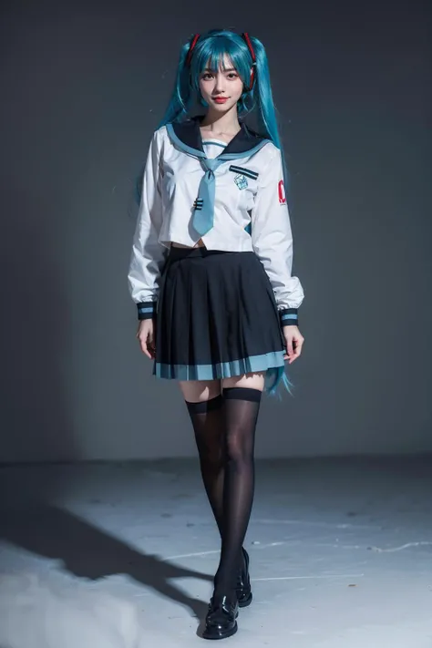 best quality, masterpiece, realistic, photorealistic, 1girl, solo, looking at viewer, smile, standing, full body, arms at side, hatsune miku, cosplay, aqua hair, twintails, hair ornament, very long hair, headphones, alternate costume, school uniform, sailor collar, serafuku, shirt, long sleeves, necktie, skirt, pleated skirt, white thighhighs, loafers, simple background, <lora:miku_cosplay_schoolUniform_v1:0.65>
