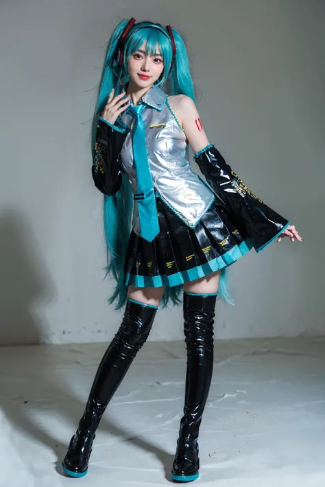 best quality, masterpiece, realistic, photorealistic, 1girl, solo, looking at viewer, smile, standing, full body, hatsune miku cosplay costume, hatsune miku, cosplay, aqua hair, twintails, very long hair, hair ornament, headphones, headset, shirt, skirt, pleated skirt, necktie, aqua necktie, thigh boots, detached sleeves, tattoo, simple background, grey background, <lora:miku_cosplay_original_v1:0.7>