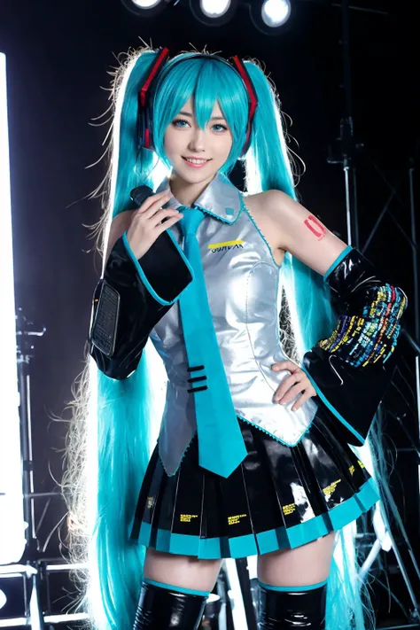 best quality, masterpiece, realistic, photorealistic, 1girl, solo, looking at viewer, smile, standing, upper body, hatsune miku cosplay costume, hatsune miku, cosplay, aqua hair, twintails, very long hair, hair ornament, headphones, headset, shirt, skirt, pleated skirt, necktie, aqua necktie, detached sleeves, tattoo, thigh boots, in stage, audience, bands, psyllium,
<lora:miku_cosplay_original_v1:0.8>