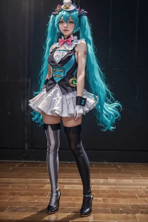 8K,highres,absurdres,masterpiece,best quality,original,extremely detailed CG,extremely detailed wallpaper,perfect lighting,<lyco:GoodHands-beta2:1>,1girl,blurry_background,looking_at_viewer,standing,
<lora:miku_cosplay_magicalMirai2019_v1:0.6>,hatsune miku cosplay costume,hatsune miku,magical mirai miku,cosplay,aqua hair,twintails,very long hair,vest,sleeveless dress,frills,asymmetrical gloves,bowtie,mini hat,hair ornament,gloves,wrist cuffs,asymmetrical legwear,vertical-striped thighhighs,shoes,