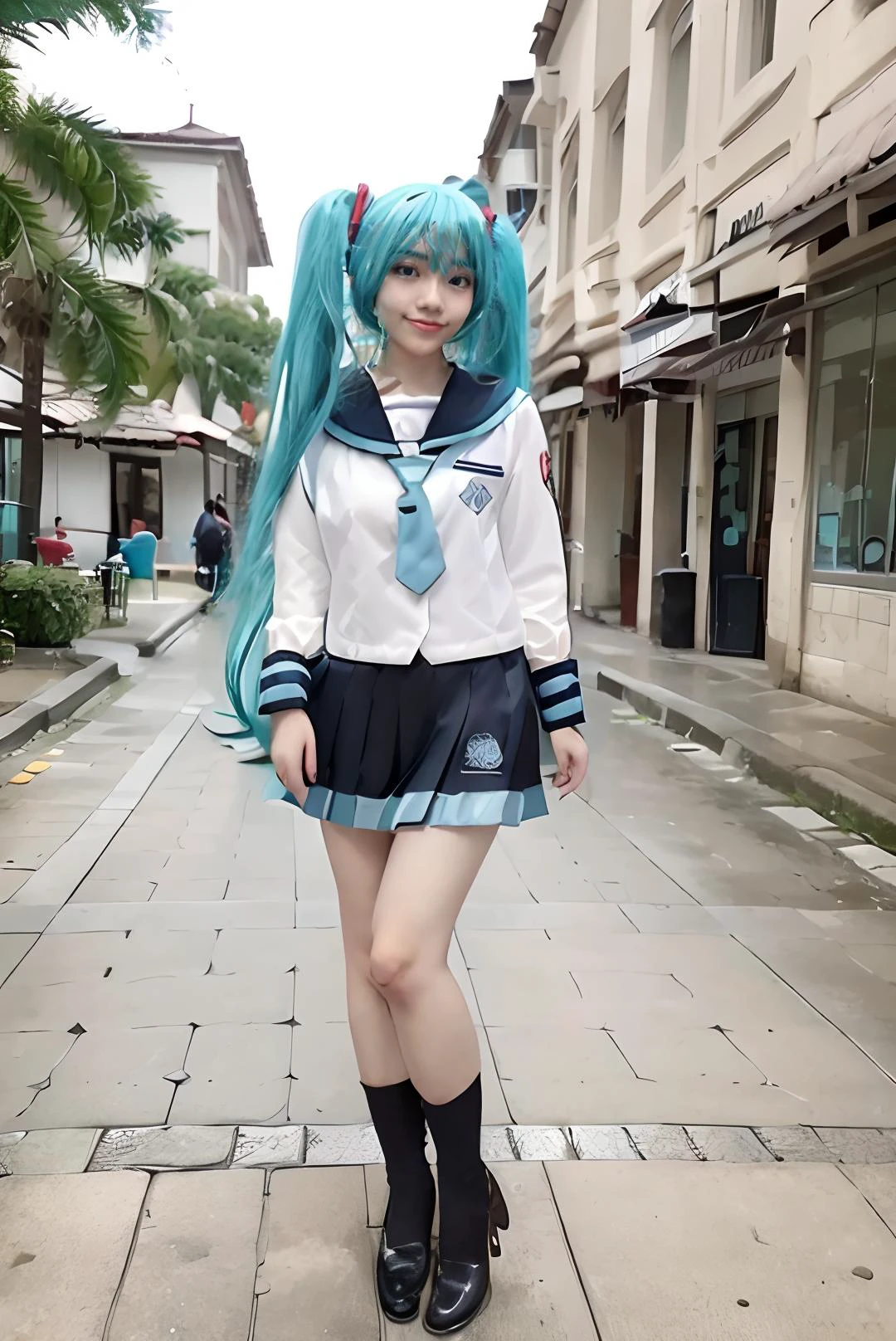((masterpiece:1.3)), ((best quality:1.3)), ((detailed)), ((realistic)), ((nikon RAW photo, 8K, Fujifilm XT3, HDR10+, high-res, depth of field)), ((((full body:1.5), (medium breast:1.5), slender body:1.4, body height 150 cm, body weight 40 Kg, 23 years old, breast size 32D, 1girl, solo, (standing straight, arms at side, open legs, (sexy pose))))), (photorealistic:1.4), photography, shoot by professional, school park, outdoor, school environment, morning, best of the best, professional model, tuned by professional, lustful woman, arroused, flirty, orgasm, horny, sexy body, seductive, tempt, naughty, cute, virgin, looking at viewer, a dashing collected professional beauty woman, cosplay, Indonesia, <lora:Javanese_Girl_V1_Retrained:0.65>, niken, woman, girl, young girl, nkftnh, body facing forward, <lora:miku_cosplay_schoolUniform_v1:0.75> hatsune miku, cosplay, aqua hair, twintails, hair ornament, very long hair, headphones, alternate costume, school uniform, sailor collar, serafuku, shirt, long sleeves, necktie, skirt, pleated skirt