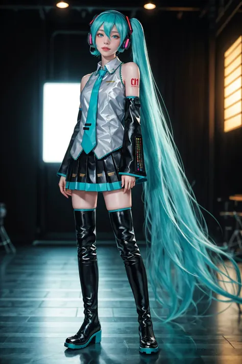 8K,highres,absurdres,masterpiece,best quality,original,extremely detailed CG,extremely detailed wallpaper,perfect lighting,<lyco:GoodHands-beta2:1>,1girl,blurry_background,looking_at_viewer,standing,
<lora:miku_cosplay_original_v1:0.5>,hatsune miku cosplay costume,hatsune miku,cosplay,aqua hair,twintails,very long hair,hair ornament,headphones,headset,shirt,skirt,pleated skirt,necktie,aqua necktie,detached sleeves,tattoo,thigh boots,