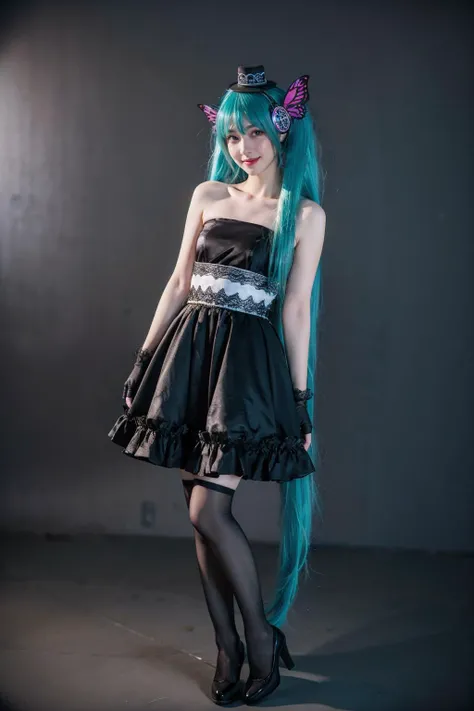 best quality, masterpiece, realistic, photorealistic, 1girl, solo, looking at viewer, smile, standing, full body, arms at side, hatsune miku cosplay costume, hatsune miku, cosplay, twintails, aqua hair, very long hair, strapless dress, dress, fingerless gloves, mini hat, butterfly hair ornament, hair ornament, headphones, butterfly headphones, thighhighs, high heels, grey background, <lora:miku_cosplay_magnet_v1:0.6>