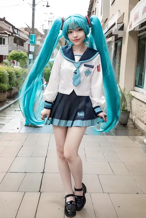 ((masterpiece:1.3)), ((best quality:1.3)), ((detailed)), ((realistic)), ((nikon RAW photo, 8K, Fujifilm XT3, HDR10+, high-res, depth of field)), ((((full body:1.5), (medium breast:1.5), slender body:1.4, body height 150 cm, body weight 40 Kg, 23 years old, breast size 32D, 1girl, solo, (standing straight, arms at side, open legs, (sexy pose))))), (photorealistic:1.4), photography, shoot by professional, school park, outdoor, school environment, morning, best of the best, professional model, tuned by professional, lustful woman, arroused, flirty, orgasm, horny, sexy body, seductive, tempt, naughty, cute, virgin, looking at viewer, a dashing collected professional beauty woman, cosplay, Indonesia, <lora:Javanese_Girl_V1_Retrained:0.65>, niken, woman, girl, young girl, nkftnh, body facing forward, <lora:miku_cosplay_schoolUniform_v1:0.75> hatsune miku, cosplay, aqua hair, twintails, hair ornament, very long hair, headphones, alternate costume, school uniform, sailor collar, serafuku, shirt, long sleeves, necktie, skirt, pleated skirt