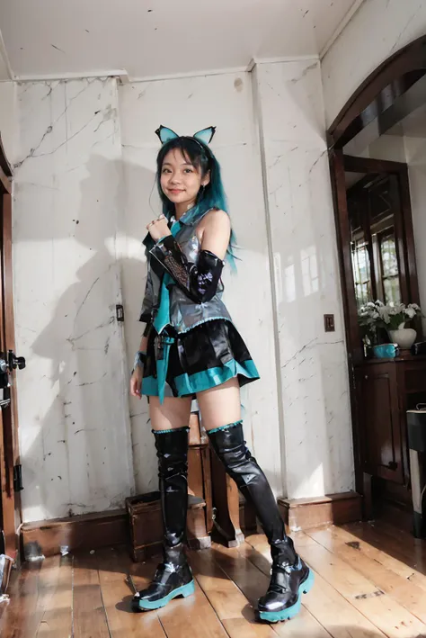 ((masterpiece)), ((best quality)), ((detailed)), ((realistic)), (1girl, solo:1.2, standing, (arms at side, spreading arms)), ((((full body:1.5), small breast:1.3, slender body:1.3, body height 164 cm, body weight 45 Kg, 21 years old, breast size 34D))), hyperdetailed, luxury skyscraper apartment, bedroom with large glass windows, flirty expression, cute, a dashing collected professional beauty woman, girl, melly, (flirty pose:1.2), looking at camera, gold small earrings, gold watch, gold bracelet, small gold necklace, young adult, indonesian, Indonesia, SFW, cosplay, whole body facing the camera, (head straight, potrait), <lora:JGV3_Fixed:0.8>, <lora:miku_cosplay_original_v1:0.8> hatsune miku cosplay costume, hatsune miku, cosplay, aqua hair, twintails, very long hair, hair ornament, headphones, headset, shirt, skirt, pleated skirt, necktie, aqua necktie, detached sleeves, tattoo, thigh boots