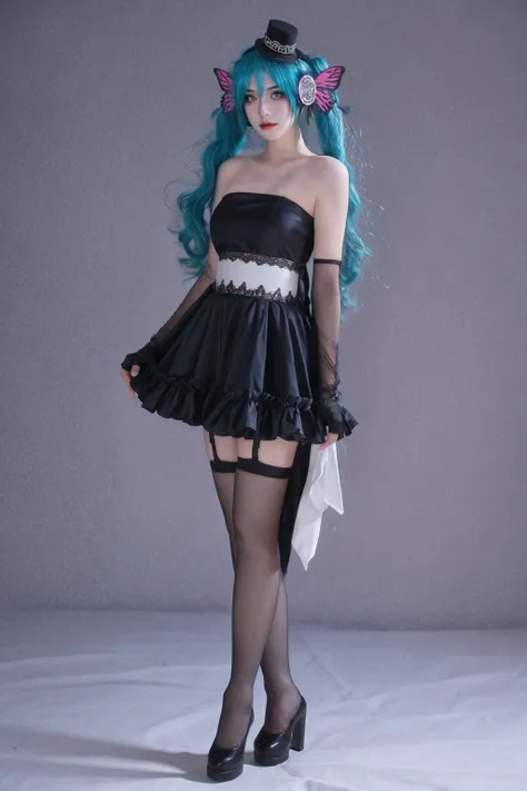 1girl,
hatsune miku,
(8k:1.2), (RAW photo:1.2), (beautiful and aesthetic:1.2), complex detail, hatsune miku cosplay costume, cosplay, twintails, aqua hair, very long hair, strapless dress, dress, fingerless gloves, mini hat, butterfly hair ornament, hair ornament, headphones, butterfly headphones, thighhighs, high heels, solo, strapless, shoes, hat, garter straps, long hair, gloves, flower, gown, mini top hat, legs, detached sleeves, top hat, corset, necktie, elbow gloves, aqua eyes, zettai ryouiki, bare shoulders, skirt, skirt hold,
(masterpiece:1.2), (best quality:1.2)
<lora:PAseer-SD15-LCM Quick:1> <lora:neg4all_bdsqlsz_V3.5:1> <lora:miku_cosplay_magnet_v1:1:lbw=CLOTH>