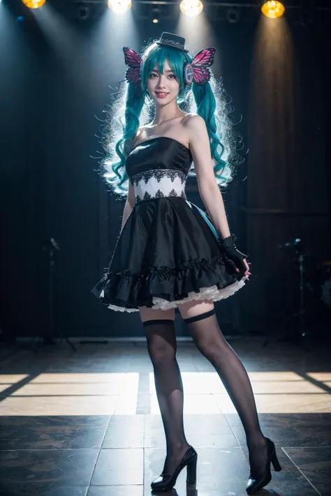 best quality, masterpiece, realistic, photorealistic, 1girl, solo, looking at viewer, smile, standing, full body, arms at side, hatsune miku cosplay costume, hatsune miku, cosplay, twintails, aqua hair, very long hair, strapless dress, dress, fingerless gloves, mini hat, butterfly hair ornament, hair ornament, headphones, butterfly headphones, thighhighs, high heels, in stage, spotlight, bands, audience, <lora:miku_cosplay_magnet_v1:0.6>