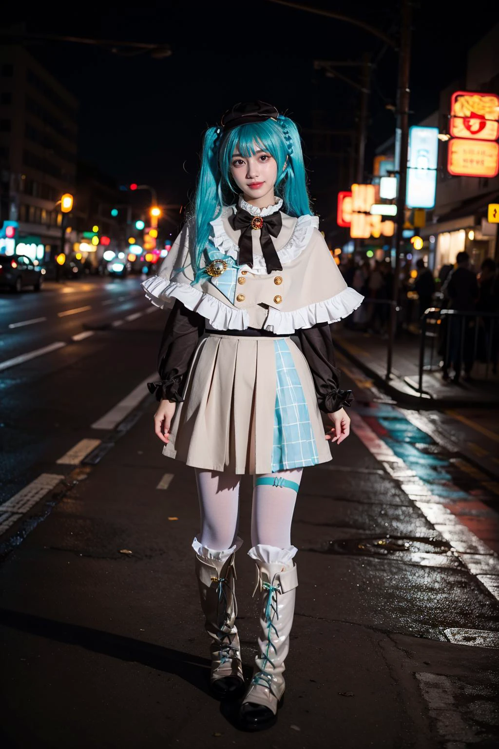 best quality, masterpiece, realistic, photorealistic, 1girl, solo, looking at viewer, smile, standing, full body, arms at side, hatsune miku cosplay costume, hatsune miku, cosplay, aqua hair, twintails, very long hair, braid, capelet, long sleeves, skirt, pleated skirt, plaid, frills, bowtie, bow, hat, jewelry, brooch, thigh strap, pantyhose, white pantyhose, white boots, street, people, night, light, neon light, <lora:miku_cosplay_detective_v1:0.7>
