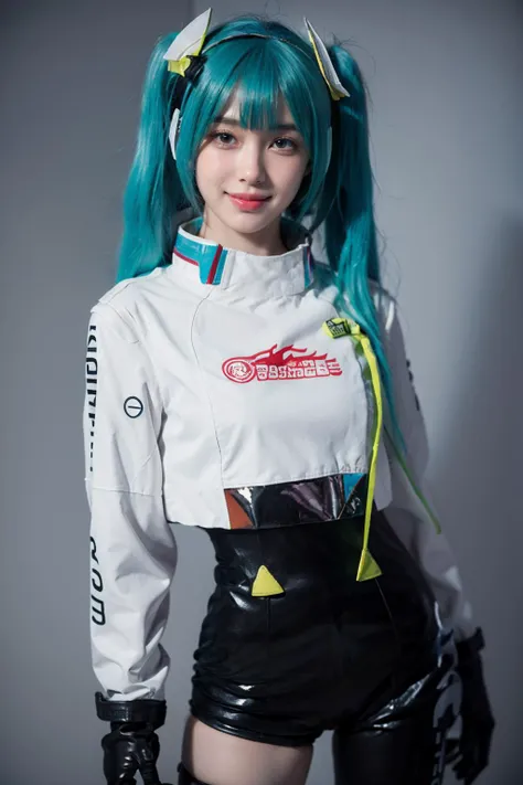 best quality, masterpiece, realistic, photorealistic, 1girl, solo, looking at viewer, smile, standing, cowboy shot, arms at side, hatsune miku cosplay costume, hatsune miku, racing miku, cosplay, twintails, aqua hair, very long hair, bodysuit, black bodysuit, asymmetrical bodysuit, crop top, white crop top, cropped jacket, white cropped jacket, long sleeves, logo on crop top, logo, print bodysuit, hair ornament, gloves, two-tone gloves, clothes writing, single legwear, single thigh boot, grey background, <lora:miku_cosplay_Racing2022_v1:0.75>