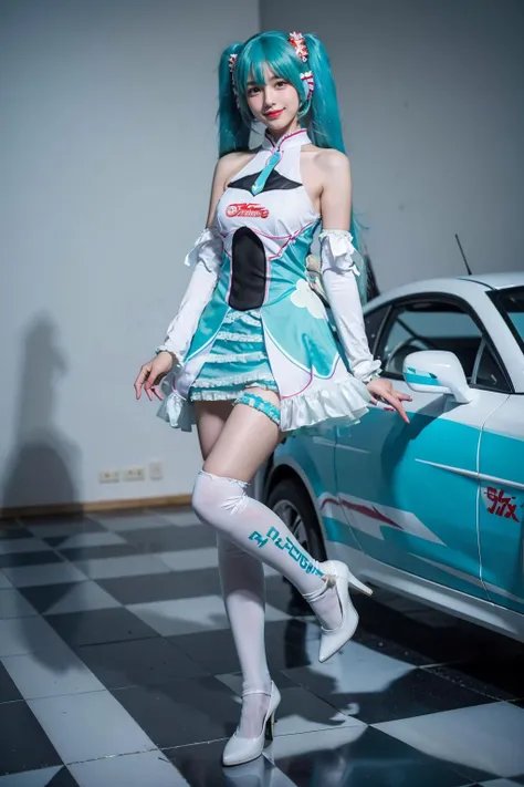 best quality, masterpiece, realistic, photorealistic, 1girl, solo, looking at viewer, smile, standing, full body, hatsune miku cosplay costume, cosplay, racing miku, hatsune miku, twintails, very long hair, aqua hair, hair ornament, dress, sleeveless, bare shoulders, detached sleeves, thighhighs, print legwear, high heels, racing track, race vehicle, racecar, <lora:miku_cosplay_Racing2017_v1:0.65>