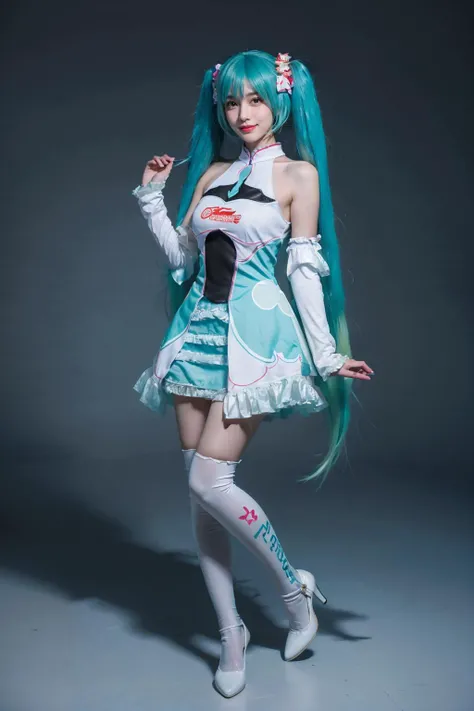 best quality, masterpiece, realistic, photorealistic, 1girl, solo, looking at viewer, smile, standing, full body, hatsune miku cosplay costume, cosplay, racing miku, hatsune miku, twintails, very long hair, aqua hair, hair ornament, dress, sleeveless, bare shoulders, detached sleeves, thighhighs, print legwear, high heels, grey background, <lora:miku_cosplay_Racing2017_v1:0.65>