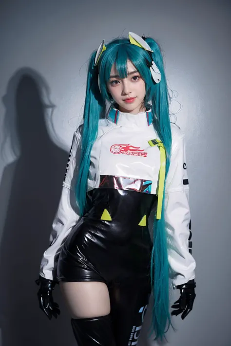 best quality, masterpiece, realistic, photorealistic, 1girl, solo, looking at viewer, smile, standing, cowboy shot, arms at side, hatsune miku cosplay costume, hatsune miku, racing miku, cosplay, twintails, aqua hair, very long hair, bodysuit, black bodysuit, asymmetrical bodysuit, crop top, white crop top, cropped jacket, white cropped jacket, long sleeves, logo on crop top, logo, print bodysuit, hair ornament, gloves, two-tone gloves, clothes writing, single legwear, single thigh boot, grey background, <lora:miku_cosplay_Racing2022_v1:0.75>